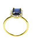 Women's natural blue sapphire ring halo diamond in 14k yellow gold, high top setting gallery and shank view