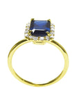 Women's natural blue sapphire ring halo diamond in 14k yellow gold, high top setting gallery and shank view
