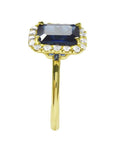 Women's natural blue sapphire ring halo diamond in 14k yellow gold, side top view down shank profile