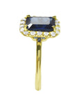 Women's natural blue sapphire ring halo diamond in 14k yellow gold, side top view down shank profile