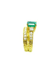 14K yellow gold bridal emerald ring set with matching diamond wedding band.
