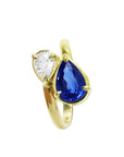 Two-stone "You and Me" blue natural sapphire bypass ring side teardrop diamond on the side, handcrafted in 18k yellow gold.
