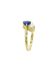Two-stone "You and Me" blue natural sapphire bypass ring featuring a sparkling medium-deep blue teardrop diamond on the side, handcrafted in 18k yellow gold.