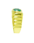 Men's 18K yellow gold ring with a rectangular, medium-deep green emerald in a full bezel setting.
