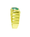 Men's 18K yellow gold ring with a rectangular, medium-deep green emerald in a full bezel setting.