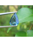 Teardrop-shaped blue sapphire natural gemstone held by tweezers against a green leafy background