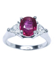 Certified oval ruby women's ring side trillion cut diamonds 14k white gold, top side, front position