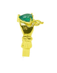 A 14k yellow gold claddagh emerald ring displaying its top emerald and band side profile.