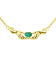 Yellow gold claddagh necklace heart cut natural Colombian emerald Muzo mines crafted in 14k yellow gold
