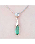 14k white gold emerald and diamond briolette necklace with a natural diamond on top slider bail and 18" inches chain