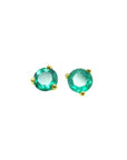 A pair of cocktail emerald stud earrings with a round cut design, set in 14K yellow gold.