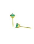 Medium deep natural emerald stud earrings in three-prong 14K yellow gold setting.