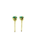 Pair of medium deep green emerald stud earrings in 14K yellow gold with three prongs.