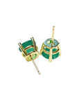 Colombian emerald stud earrings, round cut, bluish-green, in 14K yellow gold prong settings.