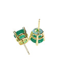 Tow poses upside down of a pair of yellow gold emerald stud earrings underside view push backs