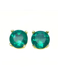 Pair of natural colombian emeralds round cut prong set earrings, made of 14k yellow gold.