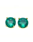 Pair of natural colombian emeralds round cut prong set earrings, made of 14k yellow gold.