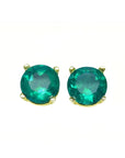 Pair of natural colombian emeralds round cut prong set earrings, made of 14k yellow gold.