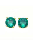 Pair of natural colombian emeralds round cut prong set earrings, made of 14k yellow gold.
