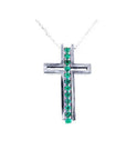 14K white gold cross pendant with a vertical row of round cut Colombian emeralds.