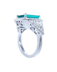 This 18k white gold GIA certified emerald ring for women is visible its underside gallery and shoulder side,