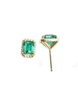 1.41 ct. rectangular Colombian emerald halo stud earrings with diamonds in 14k yellow gold.