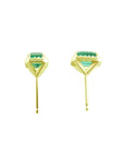 1.41 ct. natural Colombian emerald halo stud earrings in 14k yellow gold.