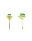 1.41 ct. natural Colombian emerald halo stud earrings in 14k yellow gold.