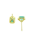 14k yellow gold stud earrings with rectangular Colombian emeralds and diamond halos.