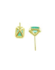 14k yellow gold stud earrings with rectangular Colombian emeralds and diamond halos.