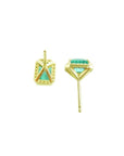 14k yellow gold stud earrings with rectangular Colombian emeralds and diamond halos.