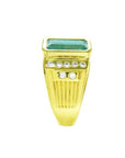 This men's emerald bezel set ring in yellow 14k gold displays the topside and side profile view.