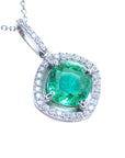 2.19 ct. Cushion cut Colombian Emerald Pendant Halo Diamonds 14K