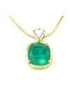Cushion cut 4.84 ct. emerald pendant necklace in 18K yellow gold with a delicate chain.