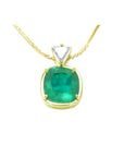 Cushion cut 4.84 ct. emerald pendant necklace in 18K yellow gold with a delicate chain.