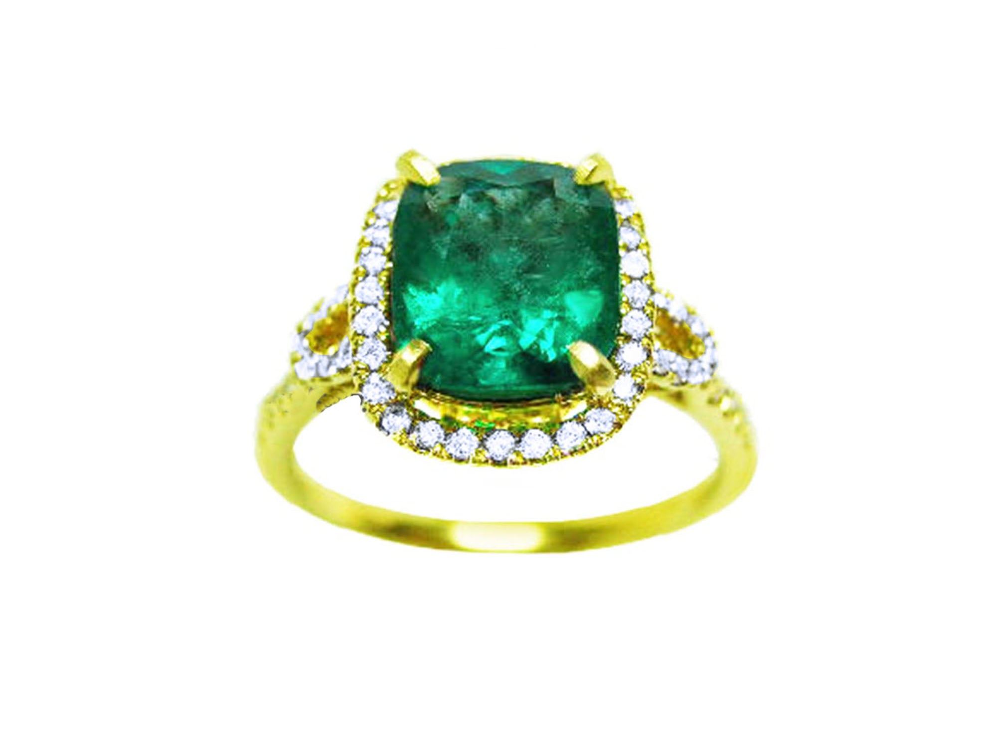 Topside profile of cushion cut emerald ring with halo diamonds and sideways profile in yellow gold.
