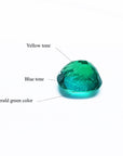 Cushion cut loose emerald from muzo Colombia, upside down shows pavilion and green color analysis labels