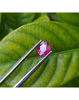 1.18 carat loose natural cushion-cut ruby gemstone with vibrant red hue, held by tweezers over a green leaf.