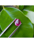 1.18 carat loose natural cushion cut ruby gemstone with vibrant red hue, held by tweezers on a green leaf.