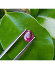 1.18 carat loose natural cushion cut ruby gemstone with vibrant red hue, held by tweezers on a green leaf.