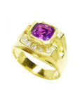 Men's 18K yellow gold ring with a bezel-set cushion-cut purplish-pink sapphire and diamond accents.