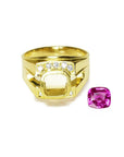 18K yellow gold men's ring setting with diamond accents next to a loose cushion-cut purplish-pink sapphire.