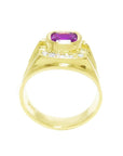 Men's 18K yellow gold ring with a bezel-set cushion-cut purplish-pink sapphire and diamond accents.