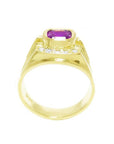 Men's 18K yellow gold ring with a bezel-set cushion-cut purplish-pink sapphire and diamond accents.