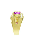 Men's 18K yellow gold ring with a bezel-set purplish-pink cushion-cut sapphire and diamond accents.