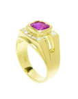 Men's 18K yellow gold ring with a bezel-set cushion-cut purplish-pink sapphire and diamond accents.