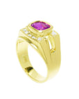 Men's 18K yellow gold ring with a bezel-set cushion-cut purplish-pink sapphire and diamond accents.