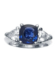 Women's cushion cut sapphire ring trillion side white sapphires 14k white gold, full top view front side
