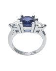 Women's cushion cut sapphire ring trillion side white sapphires 14k white gold, tall lateral top setting and gallery view full shank