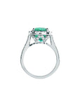 Cushion cut 3.92 ct. deep bluish-green natural emerald ring with diamond halo in 14K white gold.